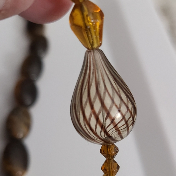 Vintage 80's Murano Glass Stripe & Tigers Eye Gemstones Czech Amber Necklace Vtg - Picture 15 of 16